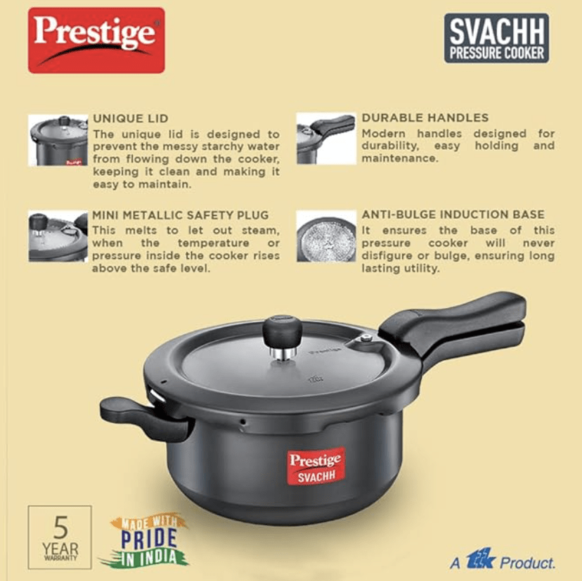 Prestige Svachh, 20278, 5 L, Sr. Pressure Pan, With Deep Lid For Spillage Control, Outer Lid, Aluminium, Black, 5 Liter