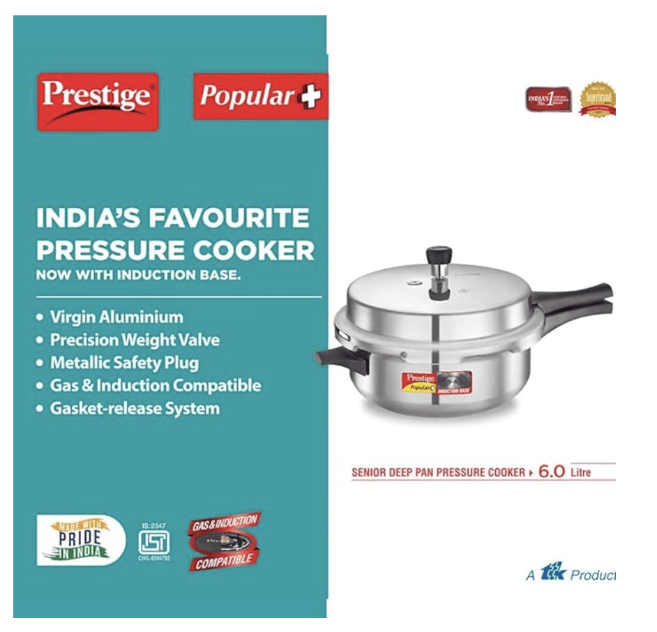 Prestige Popular Plus Induction Base Senior Deep Pan, 6 Liters, Silver, Aluminium, Outer Lid