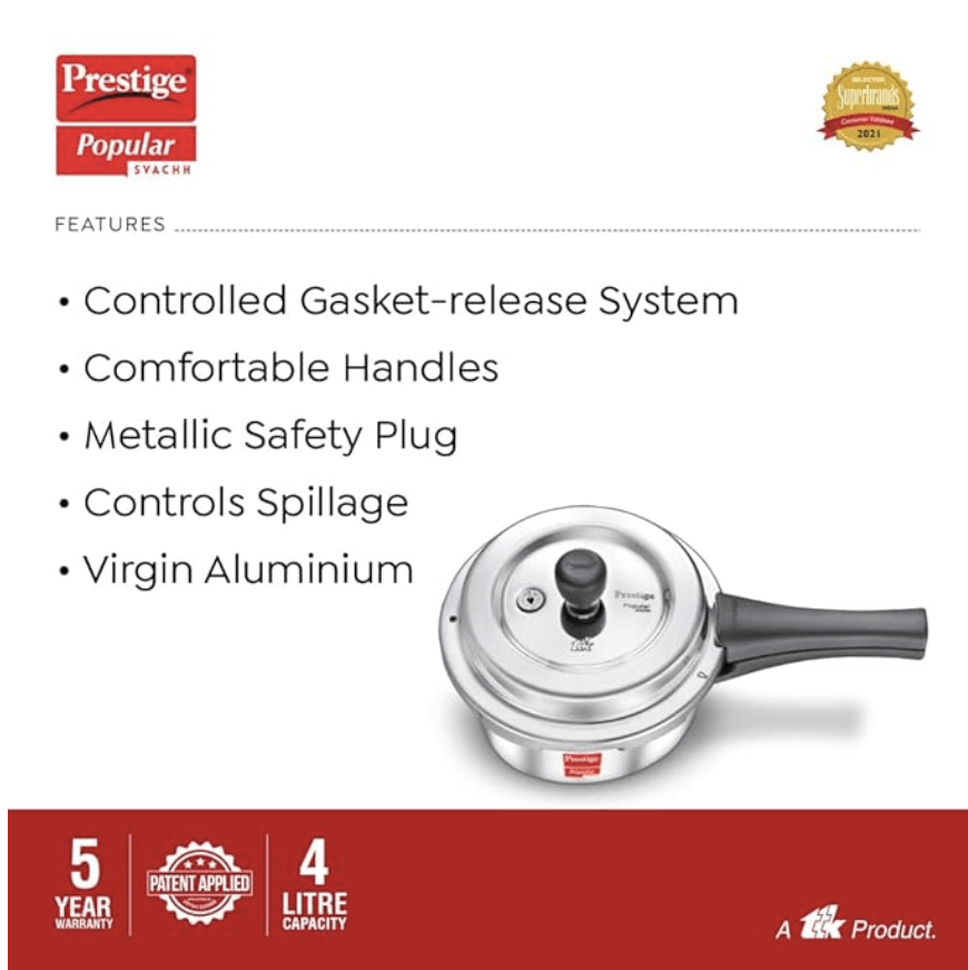 Prestige Popular Svachh Virgin Aluminium Spillage Control Outer Lid Pressure Cooker, 4 L (Silver), 4 Liter