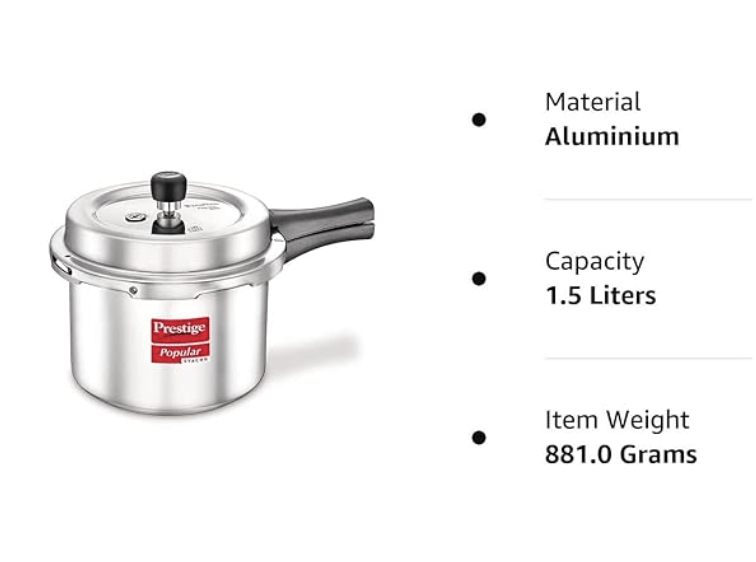 Prestige Popular Svachh Aluminium Outer Lid Pressure Cooker, 1.5 Litre - Silver, Medium (10162)
