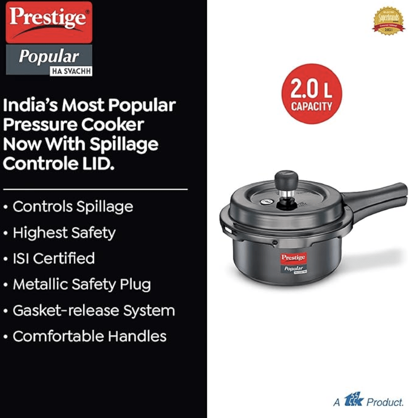 Prestige Popular Svachh Hard Anodised Pressure Cooker(2.0 L, Black, Deep Lid-Controls Spillage)