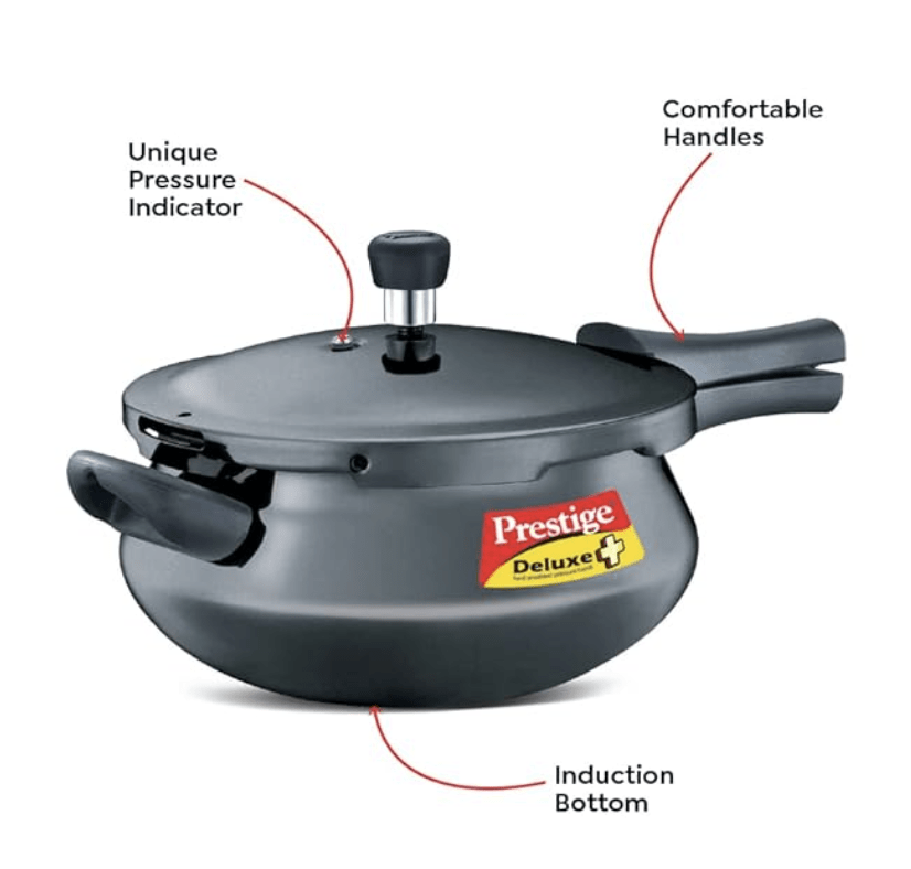 Prestige Deluxe Plus Hard Anodized Aluminium Junior Handi Pressure Cooker, 5 L Outer Lid Pressure Cooker - Black, 5 Liter