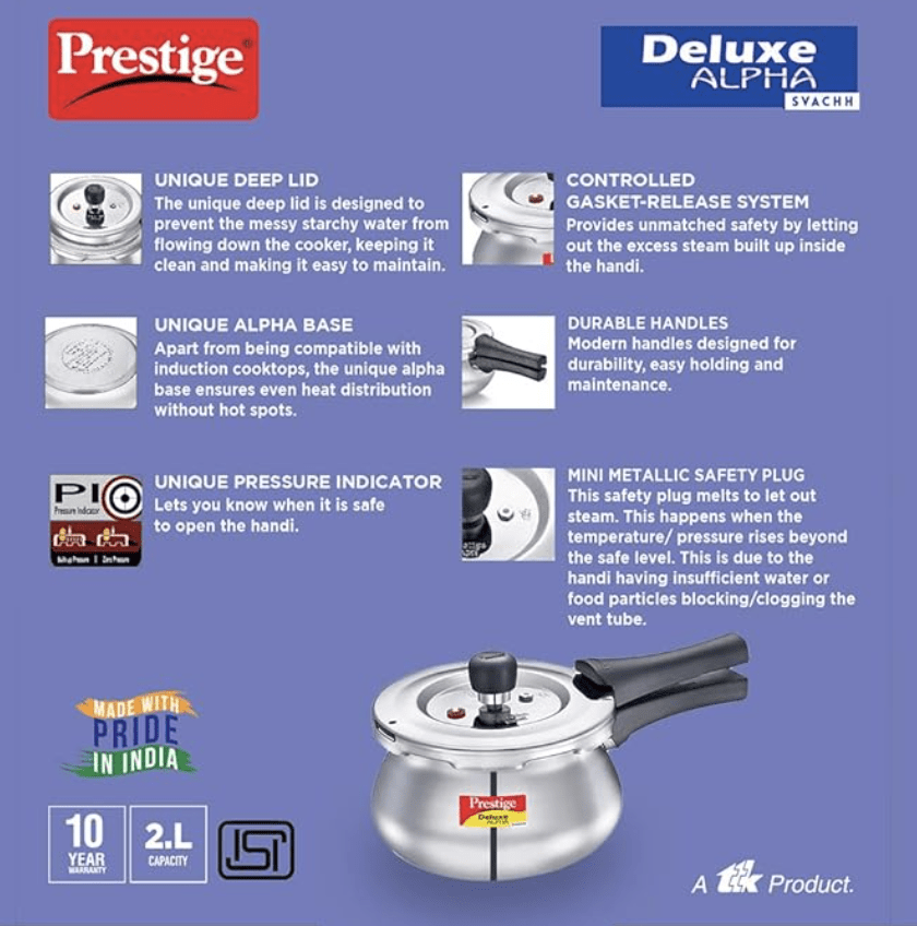 Prestige Svachh, 20266, 2 L, Alpha Baby Handi, With Deep Lid For Spillage Control, Stainless Steel, Silver, Outer Lid, 2 Liter