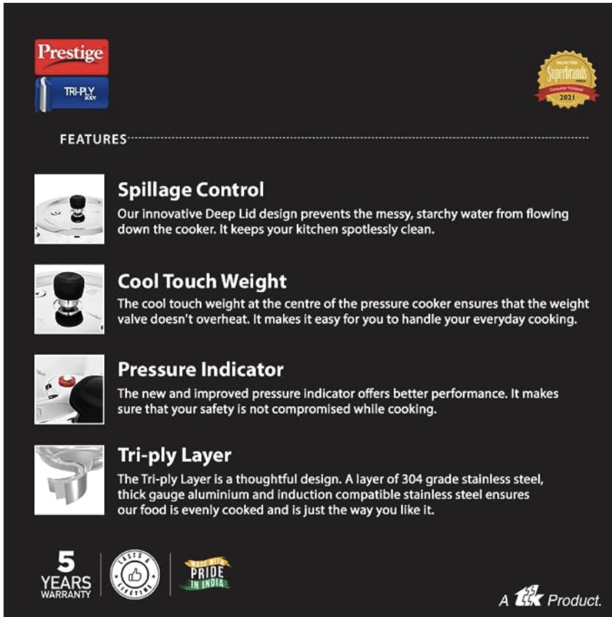Prestige Svachh Triply Outer Lid Pressure Cooker with Unique Deep Lid, 3.5 Litre, Silver, Stainless Steel, Aluminium