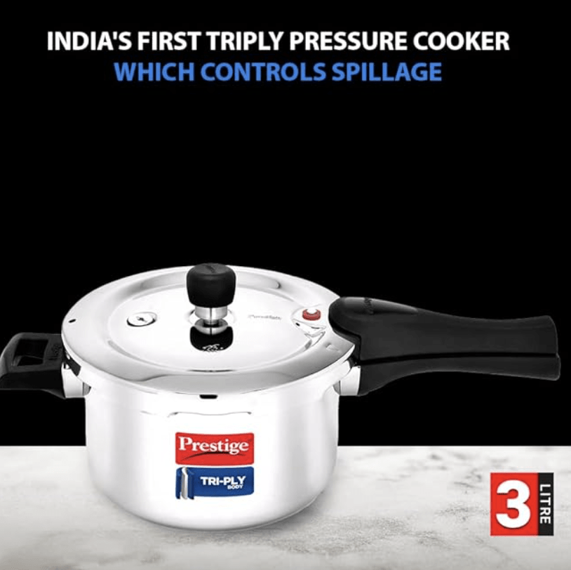 Prestige 3 Litres Svachh Triply Induction Base Outer Lid Pressure Cooker |Silver | Deep Lid Spillage Control | Even heat distribution|5 years warranty