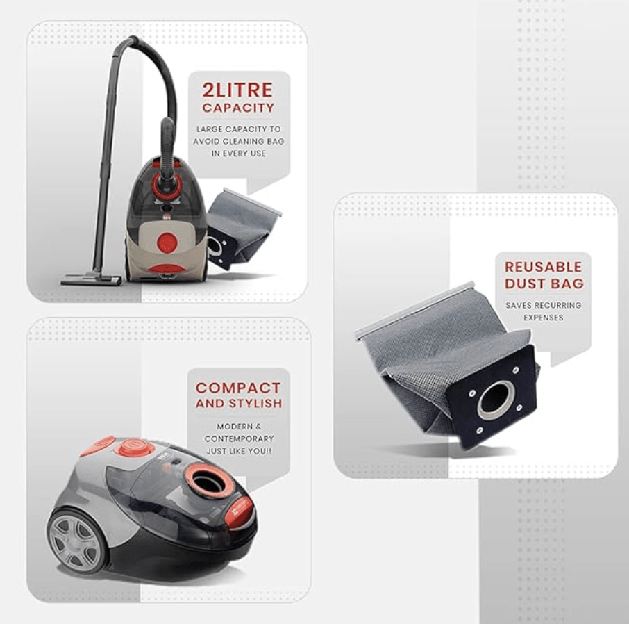 Eureka Forbes Rapid Clean 1150 Watts Powerful Suction Vacuum Cleaner with Reusable dust Bag & 5 Accessories,1 Year Warranty,Compact,Light Weight & Easy to use (Red & Black)