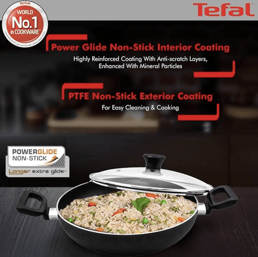 Tefal Delicia Powerglide Non-Stick Tawa 26 cm, Kadhai 24 cm, Fry 24 cm with Lid, Spatula (Pack of 4, Black), Standard, (B154S584)