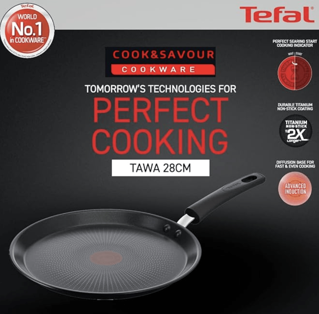 Tefal Cook & Savour Non-Stick Tawa, Smart Thermo Signal Temperature Indicator Technology - (Black) (28 Cm)