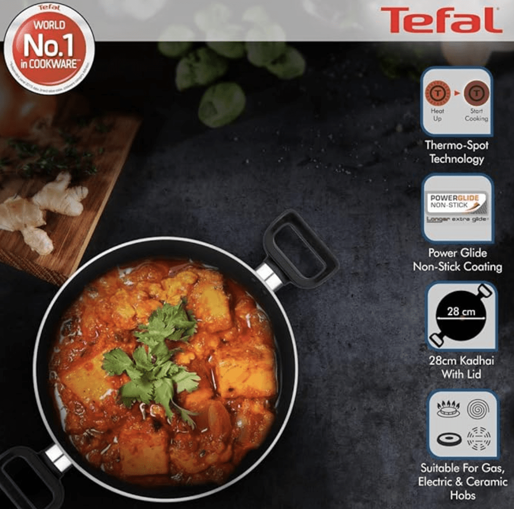 Tefal Delicia Powerglide Non-Stick 28 cm Kadhai with Lid (Black), (B1549884)