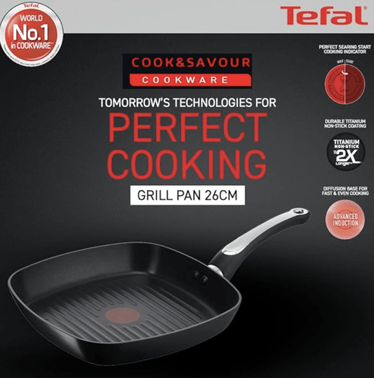 Tefal Cook & Savour 26cm x 26cm Non-Stick Grill Pan, Smart Thermo Signal Temperature Indicator Technology - CSGP-26 (Black)