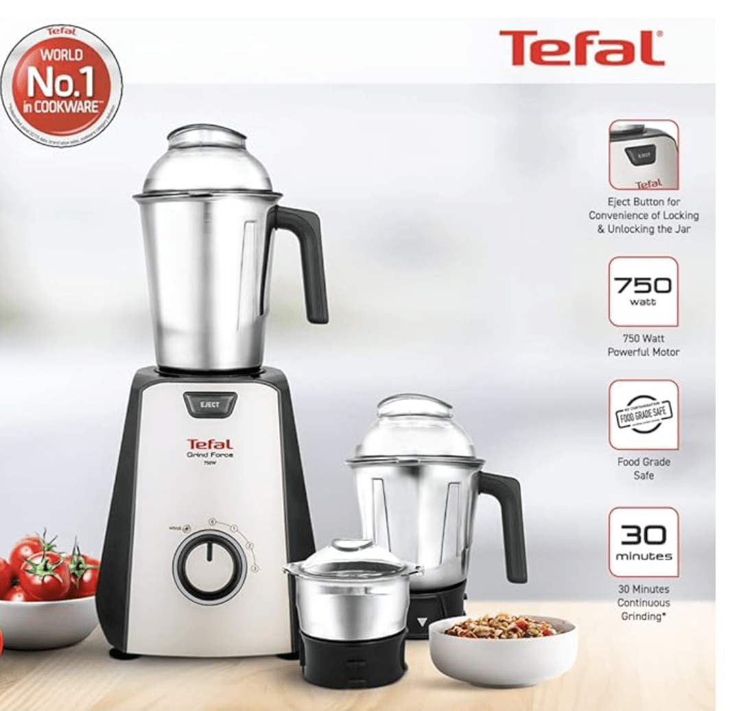 Tefal Grindforce 750-Watt Mixer Grinder with 3 Jars (Black/Silver)