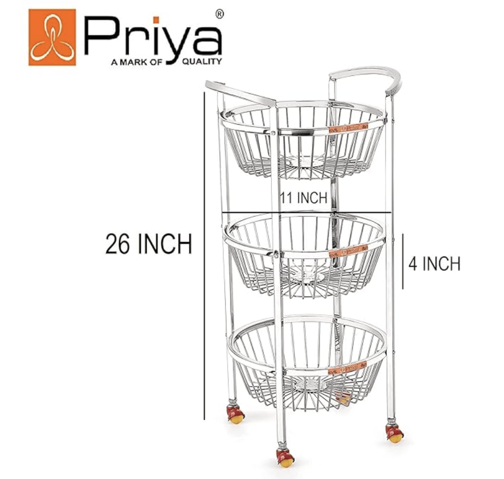Priya Diamond Stainless Steel Small Round Vegetable and Fruit Trolley (3 Stand-26 Inch)