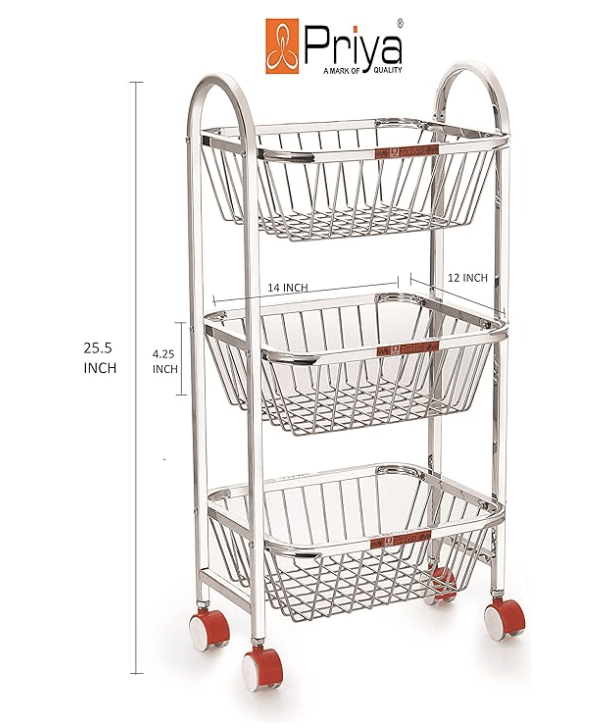 Priya Stainless Steel Trolley 3 Layers (14x12x4.25-inch, White)