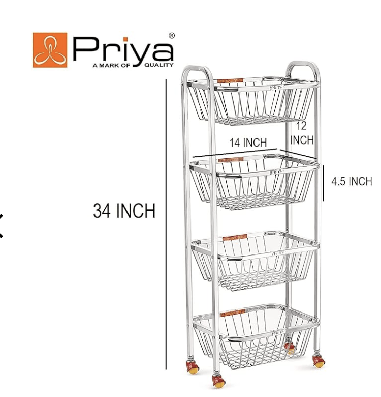 Priya 4 Layers Fruits, Vegetable Big Kitchen Trolley (White), Stainless Steel, Standard