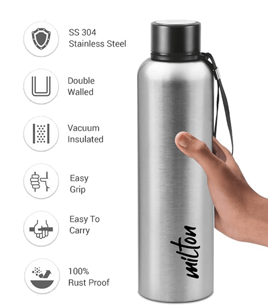 Milton Aura 750 Thermosteel Bottle, 750 ml, Silver | 24 Hours Hot and Cold | Easy to Carry | Rust Proof | Leak Proof | Tea | Coffee | Office| Gym | Home | Kitchen | Hiking | Trekking | Travel Bottle