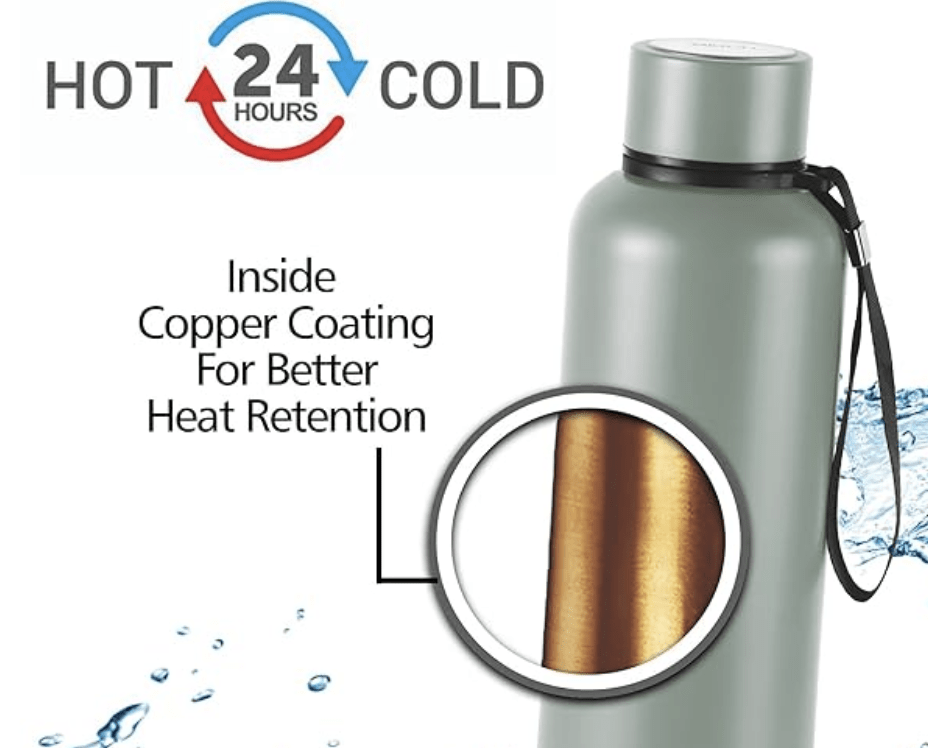 Milton Aura 1000 Thermosteel Bottle, 1.05 Litre, Grey | 24 Hours Hot and Cold | Easy to Carry | Rust & Leak Proof | Tea | Coffee | Office| Gym | Home | Kitchen | Hiking | Trekking | Travel Bottle