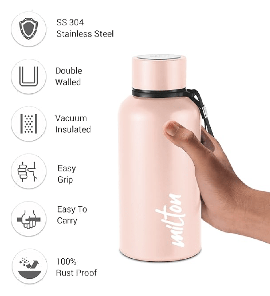 Milton Aura 500 Thermosteel Bottle, 520 ml, Beige | 24 Hours Hot and Cold | Easy to Carry | Rust Proof | Leak Proof | Tea | Coffee | Office| Gym | Home | Kitchen | Hiking | Trekking | Travel Bottle