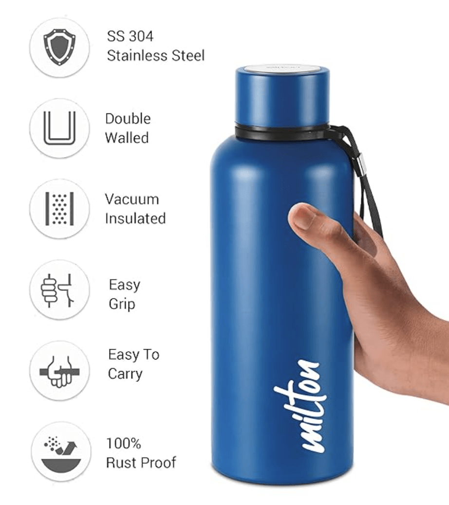 Milton Aura 750 Thermosteel Bottle, 750 ml, Dark Blue | 24 Hours Hot and Cold | Easy to Carry | Rust & Leak Proof | Tea | Coffee | Office| Gym | Home | Kitchen | Hiking | Trekking | Travel Bottle