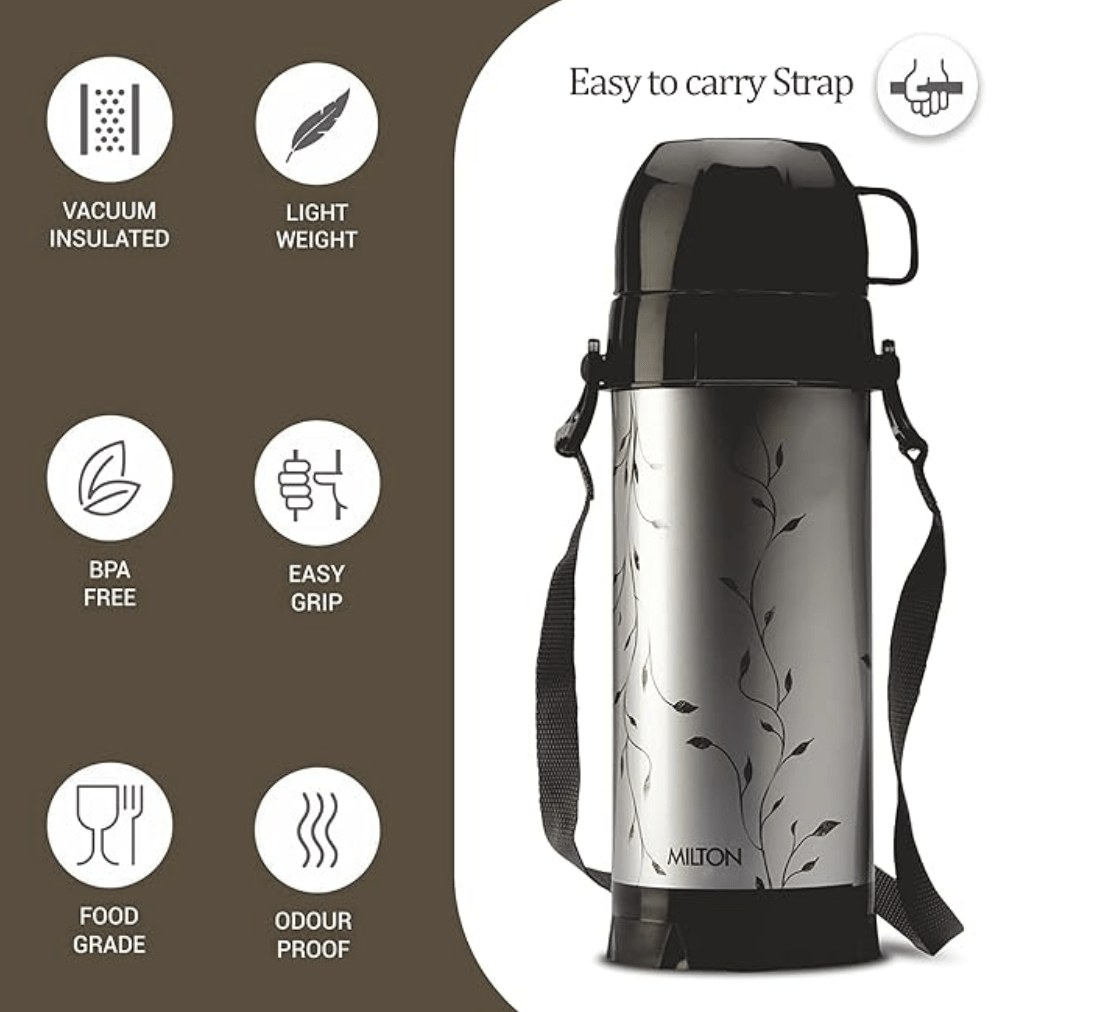 Milton Eiffel 1000 Plastic Insulated Hot & Cold Cold Flask, 910 ml, Black | Easy to Carry | BPA Free | Easy Grip | Food Grade | Odour Proof | Light Weight