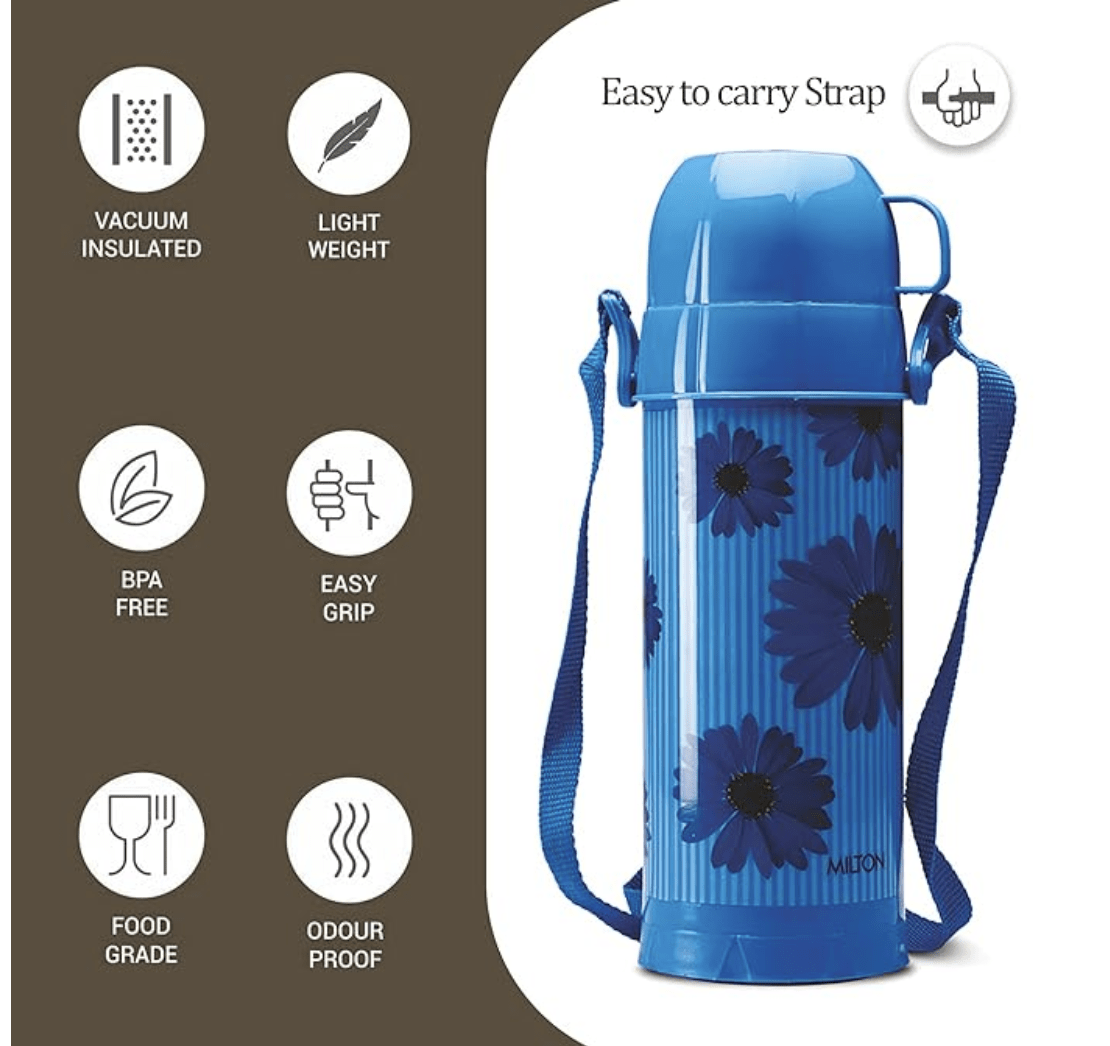 Milton Eiffel 1000 Plastic Insulated Hot & Cold Cold Flask, 910 ml, Blue | Easy to Carry | BPA Free | Easy Grip | Food Grade | Odour Proof | Light Weight