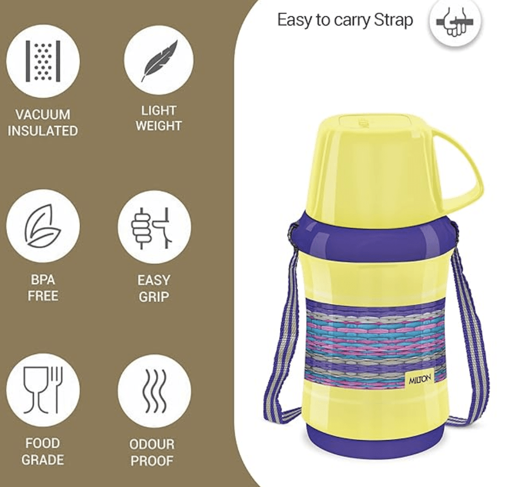 MILTON Angelina 500 Plastic Insulated Flask, 470 ml, Yellow | BPA Free | Food Grade | Easy to Carry | Odour Free