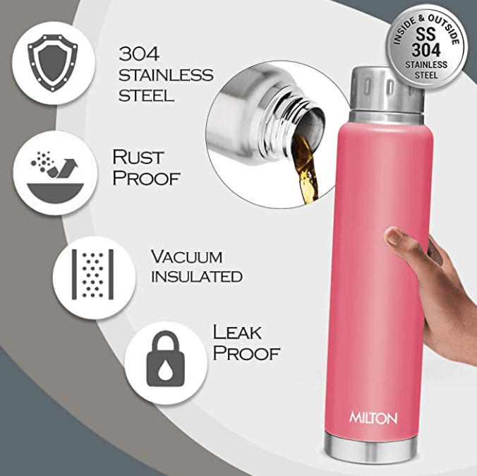 Milton Elfin 500 Thermosteel 24 Hours Hot and Cold Water Bottle, 500 ml, Pink | Leak Proof | Easy to Carry | Office Bottle | Hiking | Trekking | Travel Bottle | Gym | Home | Kitchen Bottle