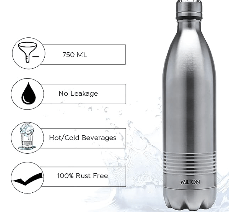 Milton Duo DLX 750 Thermosteel 24 Hours Hot and Cold Water Bottle, 1 Piece, 700 ml, Silver | Leak Proof | Office Bottle | Gym | Home | Kitchen | Hiking | Trekking | Travel Bottle