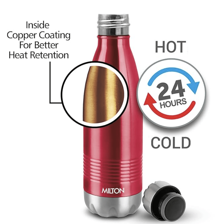 Milton Duo DLX 1000 Thermosteel 24 Hours Hot and Cold Water Bottle, 1 Piece, 1 Litre, Maroon | Leak Proof | Office Bottle | Gym | Home | Kitchen | Hiking | Trekking | Travel Bottle