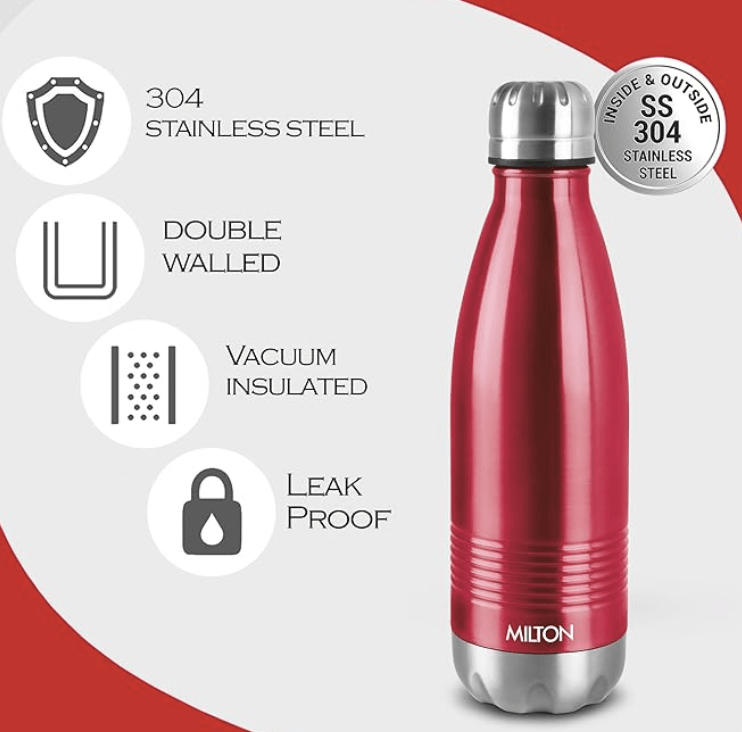 Milton Duo DLX 350 Thermosteel 24 Hours Hot and Cold Water Bottle, 1 Piece, 350 ml, Maroon | Leak Proof | Office Bottle | Gym | Home | Kitchen | Hiking | Trekking | Travel Bottle