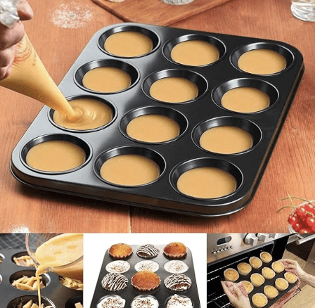 கிளாபோன் சிறிய மினி அவுட்பர்ஃபார்ம் அலுமினியம் நான்ஸ்டிக் 12-ஸ்லாட் கப் மிடி ஷேப் மஃபின், கப்கேக் அச்சு (சிறிய அளவு)