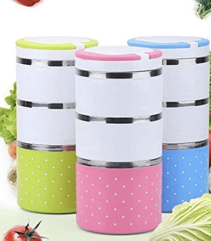 Plastic and Stainless Steel 3 Layer Leak-Proof Printed Lunch Box with Hot Vacuum Insulated Food Storage Containers for Women Men Kids Office School Tiffin Box-Multi Color