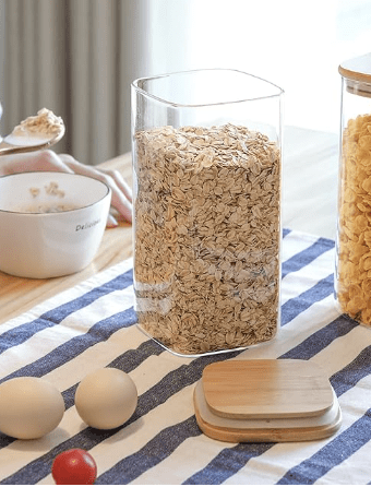 Airtight Glass Storage Canister with Wood Lid (50oz), Clear Food Storage Container Jar with Sealing Bamboo Lid for Noodles Flour Cereal Rice Sugar Tea Coffee Beans (Set of 3, 1500ml)