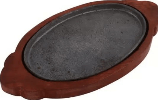 Wooden cast Iron Sizzler Plate/Tray with Wooden Base Oval Shape Plate and Modern Design