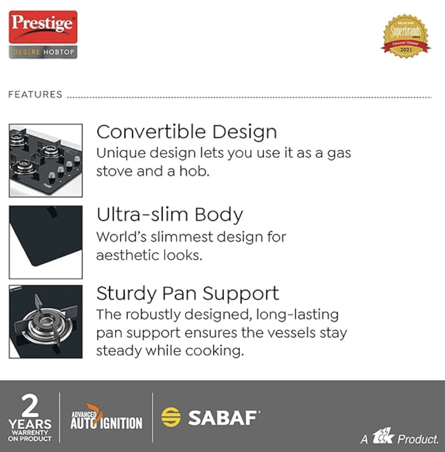 Prestige Desire Hobtop PHTD 04 AI Black L P Gas Table(with 8mm Thick Superior Toughened Glass Top, 4 Sabaf Burners, Auto Ignition)