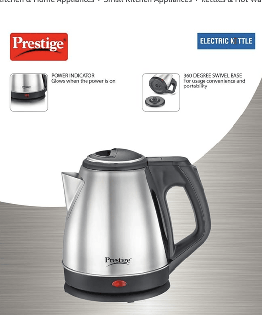 Prestige 1.2 Litres Electric Kettle (PKCS 1.2)| Silver | Auto Cut-Off | Power Indicator | Concealed Element | Single-Touch Lid Locking | 360 Degree Swivel Base