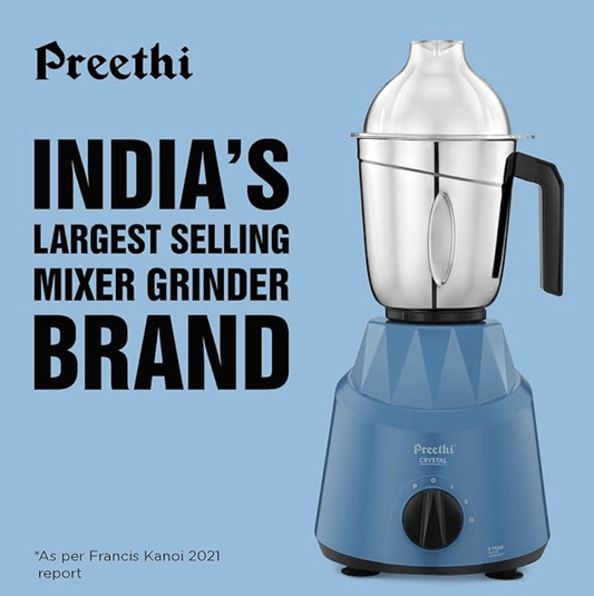 Preethi Crystal MG224 Mixer Grinder, 500 watt, Blue, 3 Jars, Vega W5 Motor with 5yr Warranty & Lifelong Free Service