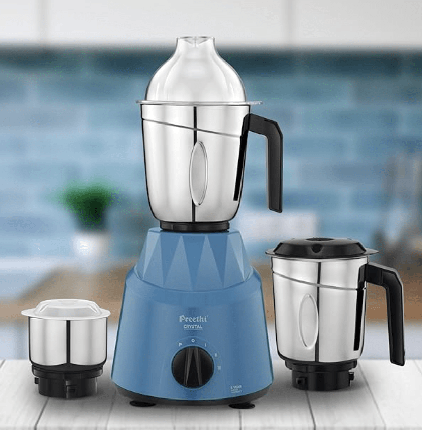 Preethi Crystal MG224 Mixer Grinder, 500 watt, Blue, 3 Jars, Vega W5 Motor with 5yr Warranty & Lifelong Free Service