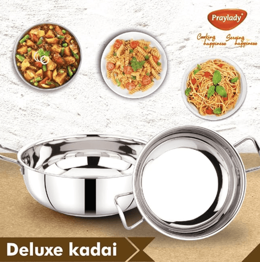 Praylady Stainless Steel with Handle 3 PLY POTS & Pans Deluxe Series KADAI Silver