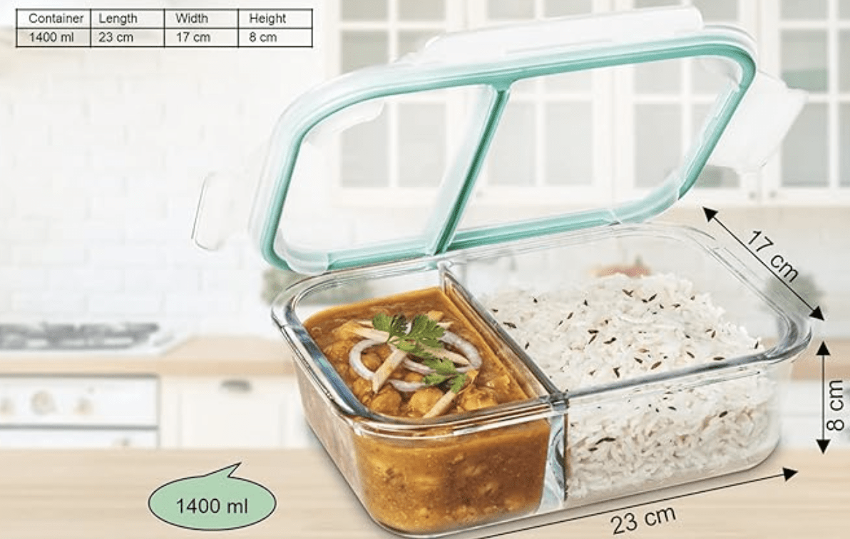 SignoraWare Slim High Jumbo Microwave Safe Office Two Compartment Lunch Box Set | Borosilicate Glass | Safety Lock Airtight Tiffin Containers (1400ml | Transparent)