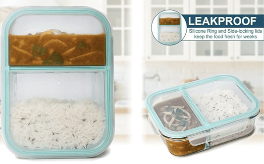 SignoraWare Slim High Jumbo Microwave Safe Office Two Compartment Lunch Box Set | Borosilicate Glass | Safety Lock Airtight Tiffin Containers (1400ml | Transparent)