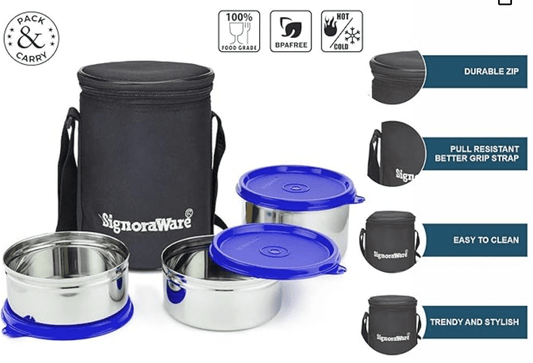 Signoraware Executive Stainless Steel Lunch Box Set 3 with bag | Stainless-Steel Leak-Proof Containers | Full Meal Boxes (Container Size 350mlx2 | 500mlx1)