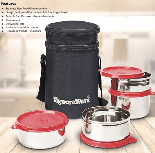 Signoraware Executive Stainless Steel Lunch Box Set 4 with bag | Stainless-Steel Leak-Proof Containers | Full Meal Boxes (Container Size 200mlx1 | 350mlx2 | 500mlx1 | Violet)