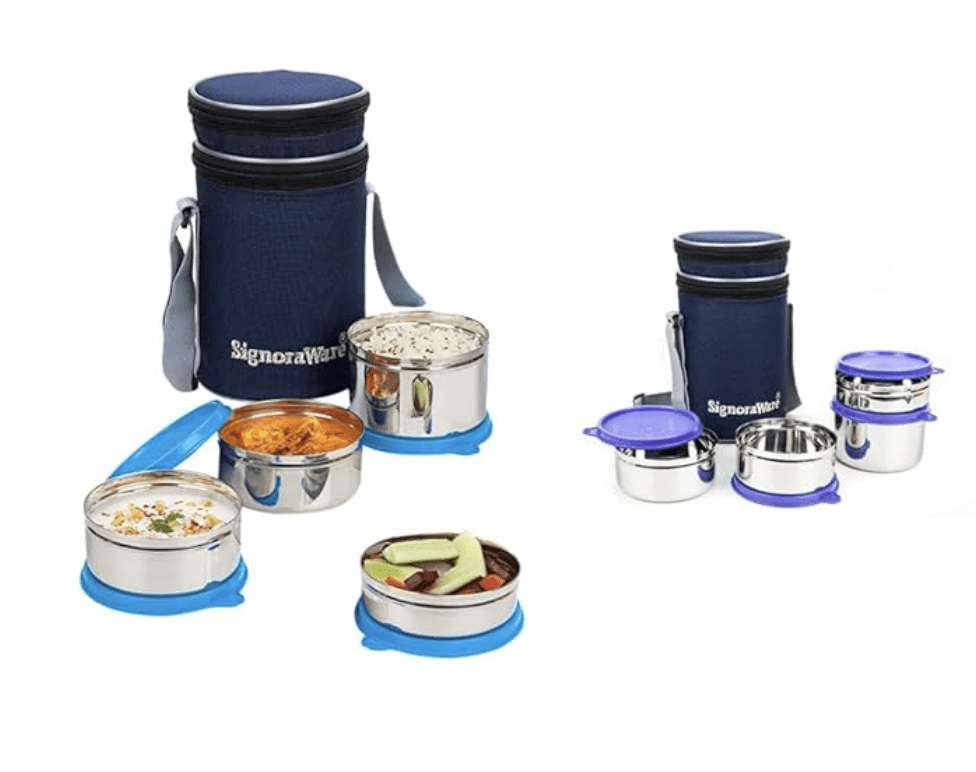 Signoraware Executive Stainless Steel Lunch Box Set 4 with bag | Stainless-Steel Leak-Proof Containers | Full Meal Boxes (Container Size 200mlx1 | 350mlx2 | 500mlx1 | Violet)
