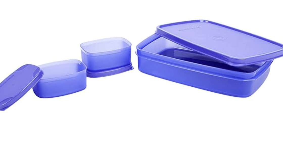 Signoraware Compact Bpa Free Plastic Microwave Safe Lunch Box, Food Grade Tiffin Boxes Set, Leak Proof Air Tight Dabba (Set of 3 – 1 x 850ml Container, 2 x 100ml Containers, Square)