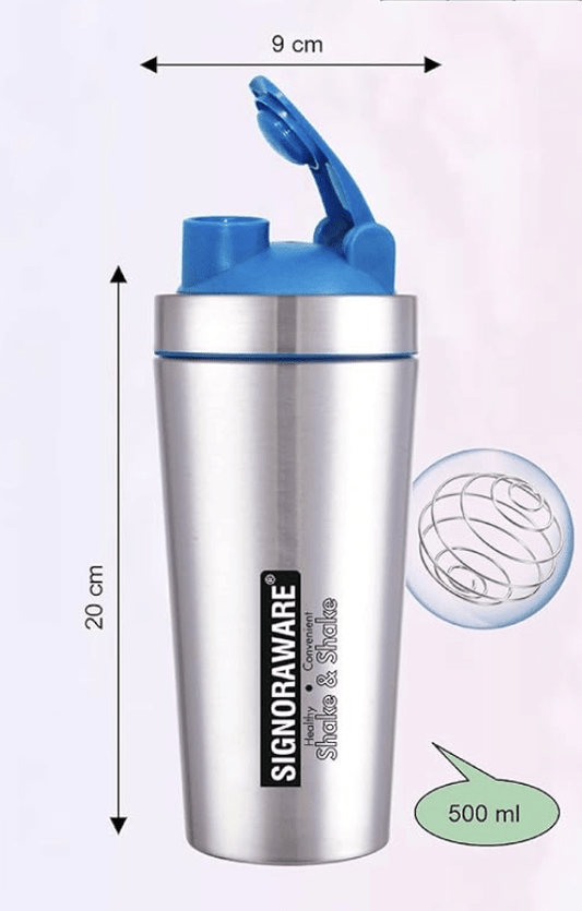 SignoraWare Charger Stainless Steel Protein Shaker Bottle for Pre-Post Workout | Water Bottle | Leakproof with Knob (500ml | Silver | Set 1)