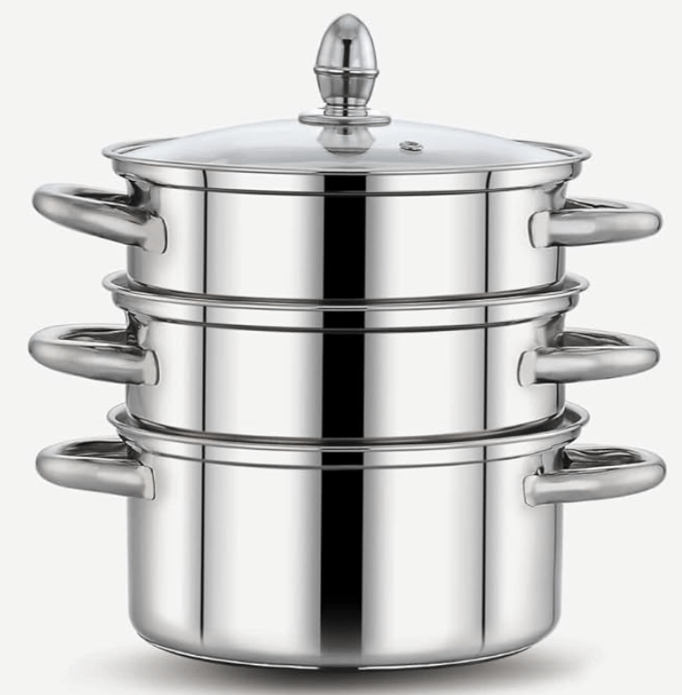 PrayLady Stainless steel 3 Ply Base Cookware Steamer Multi-Purposes Steamer Capacity - 2.0 Litre (3 Tier) (3 TIER STEAMER - 20 CM), Silver