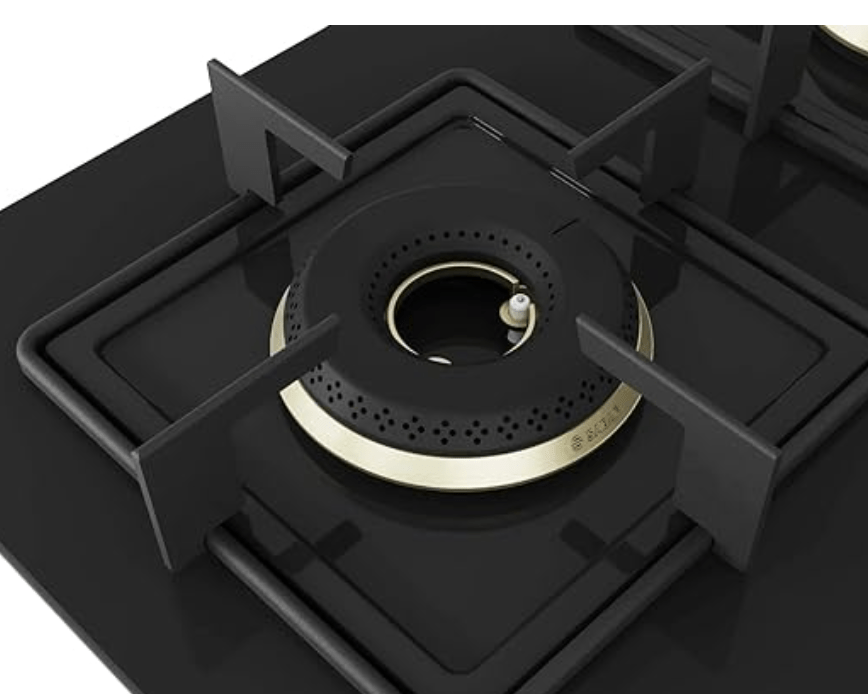 Bosch Built in Gas Hob Black Tempered glass Glass 3 Burner Auto Ignition 60 cm True Brass 2D Ring Burners with Glossy Black Heat Shields & Enameld pan supports (PNC6B6F10I)