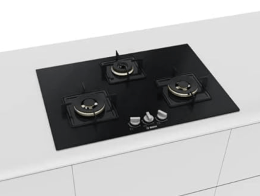 Bosch Built in Gas Hob Black Tempered glass Glass 3 Burner Auto Ignition 75 cm True Brass 2D Ring Burners with Glossy Black Heat Shields & Enameld pan supports (PND7B6F10I)