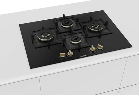 Bosch Built in Gas Hob Black Tempered glass Glass 4 Burner Auto Ignition 75 cm True Brass 2D Ring Burners with Matt Black Heat Shields & Cast Iron pan supports (PNI7B6F20I)