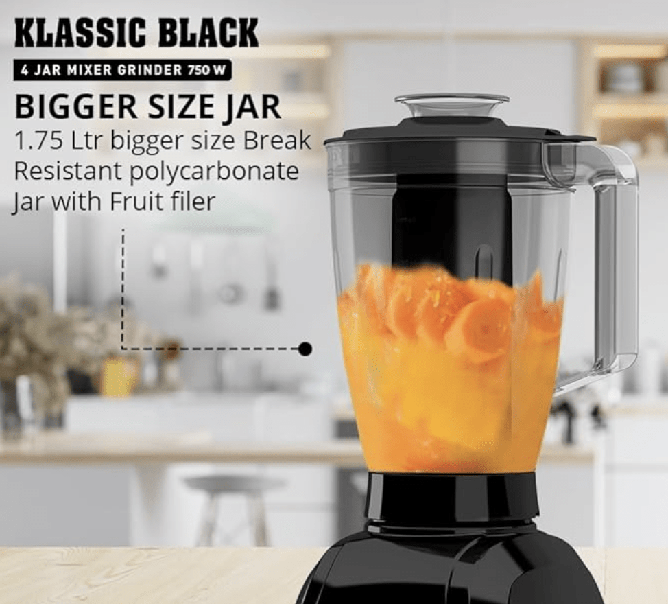 Havells Klassic 750 Watt 4 Jar Mixer Grinder, 21000 RPM Heavy Duty Universal Motor, 304 SS Blades, Large Size Break Resistant JarLids With Twist & Lock Mechanism- Black